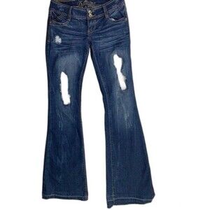 Premiere Size 1/2 Womens Boot Jeans Stretch Dark wash Raw Hem Distress Low Rise